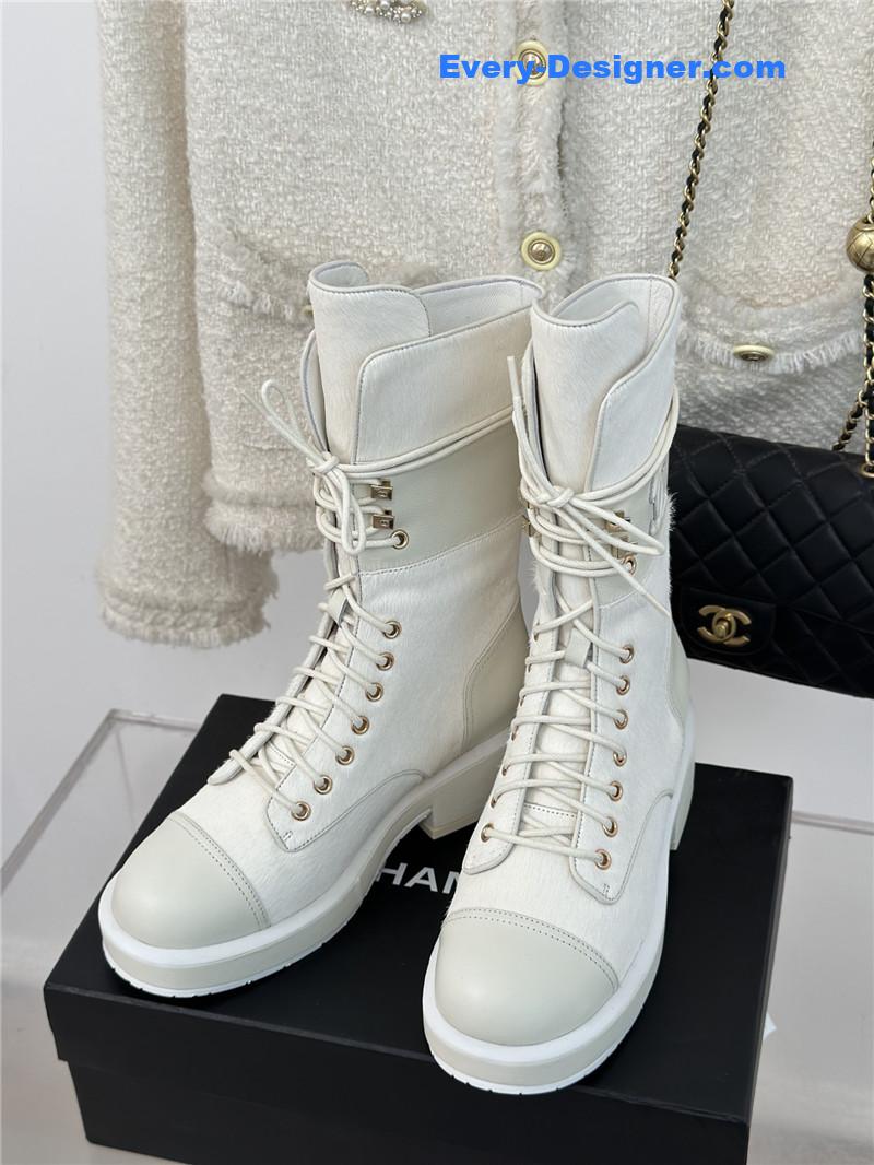 Ch**el white denim patent lambskin quilted lace-up boots