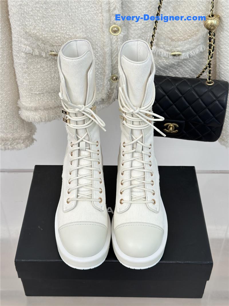 Ch**el white denim patent lambskin quilted lace-up boots