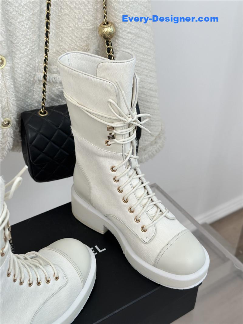 Ch**el white denim patent lambskin quilted lace-up boots