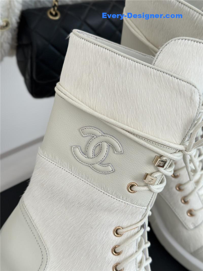 Ch**el white denim patent lambskin quilted lace-up boots