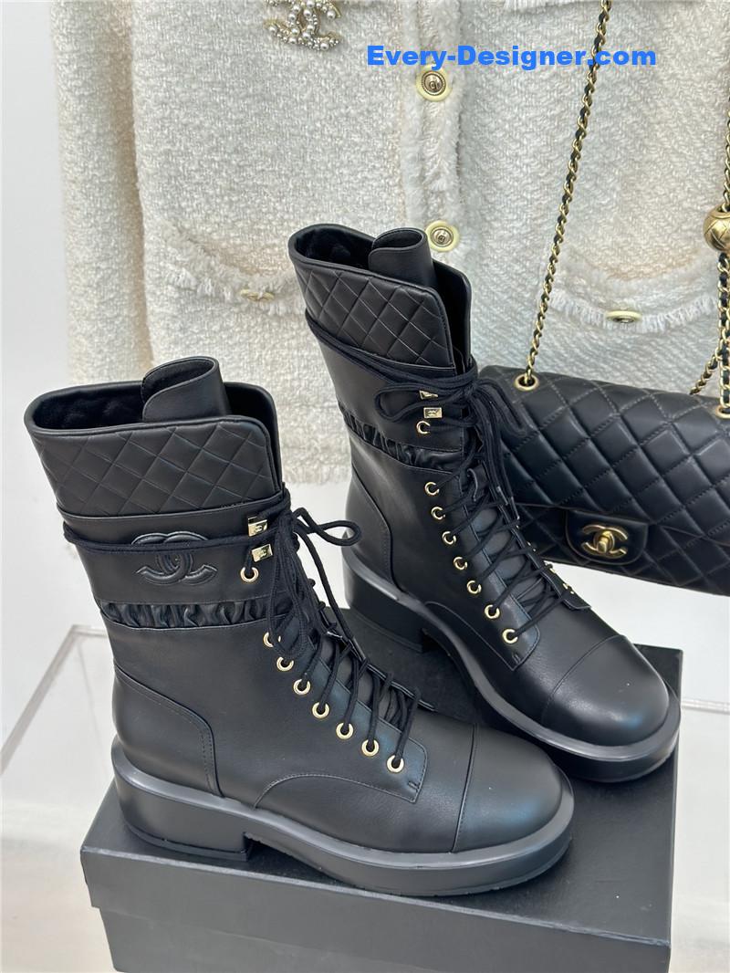 Chanel Lambskin Quilted Lace-Up Ankle Boots