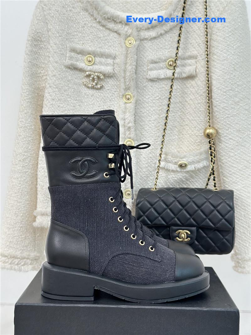 Ch**el denim patent lambskin quilted lace-up boots