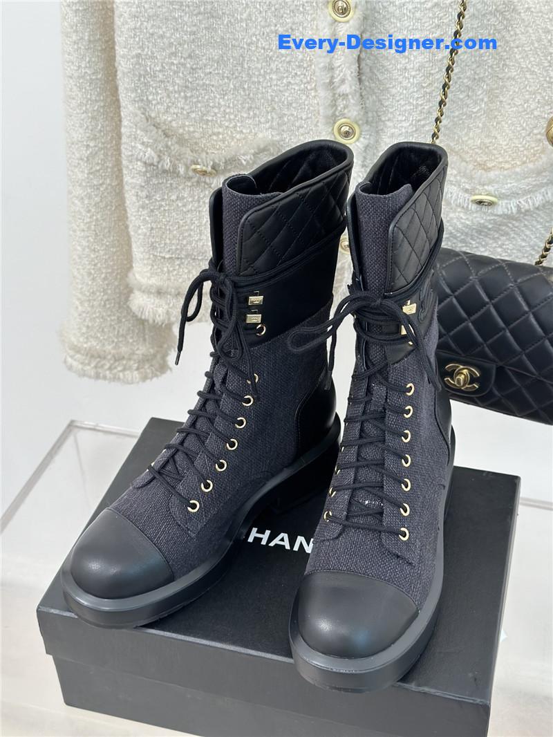 Ch**el denim patent lambskin quilted lace-up boots