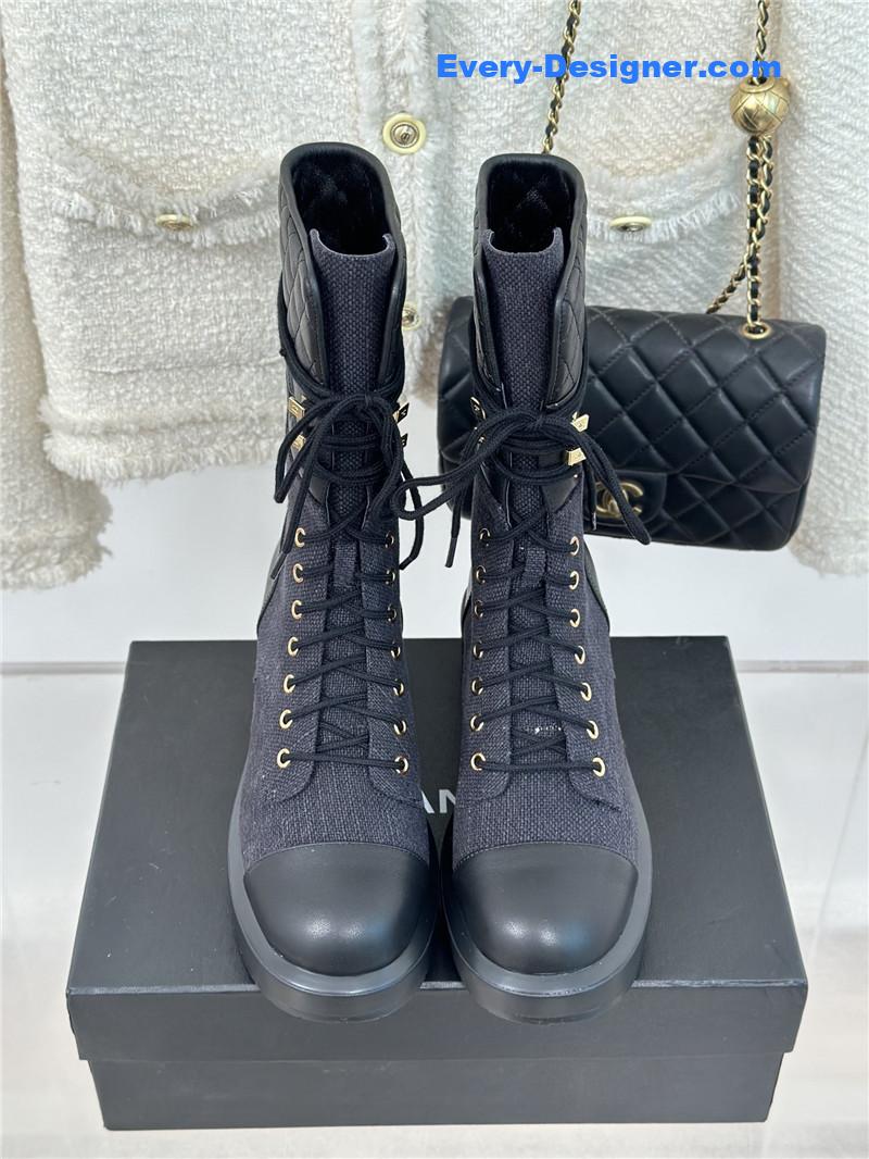 Ch**el denim patent lambskin quilted lace-up boots