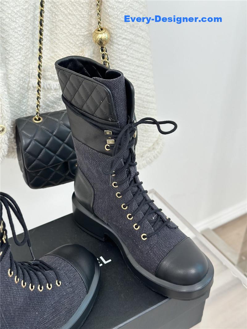 Ch**el denim patent lambskin quilted lace-up boots