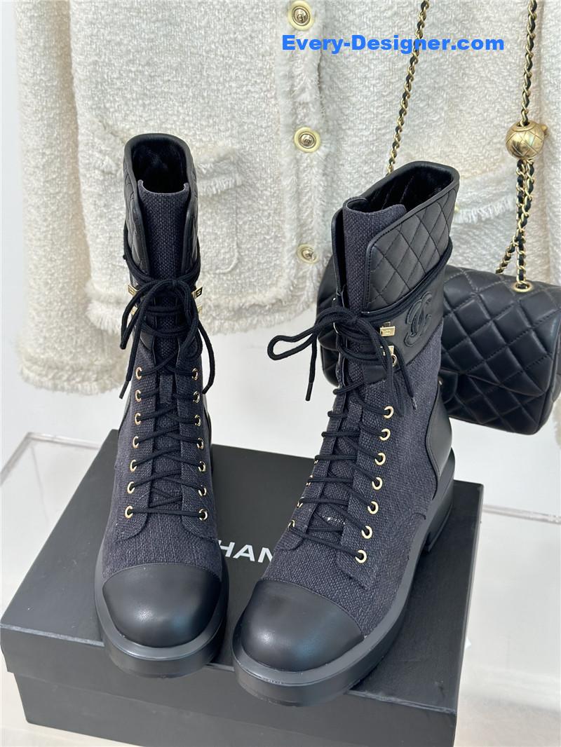 Ch**el denim patent lambskin quilted lace-up boots