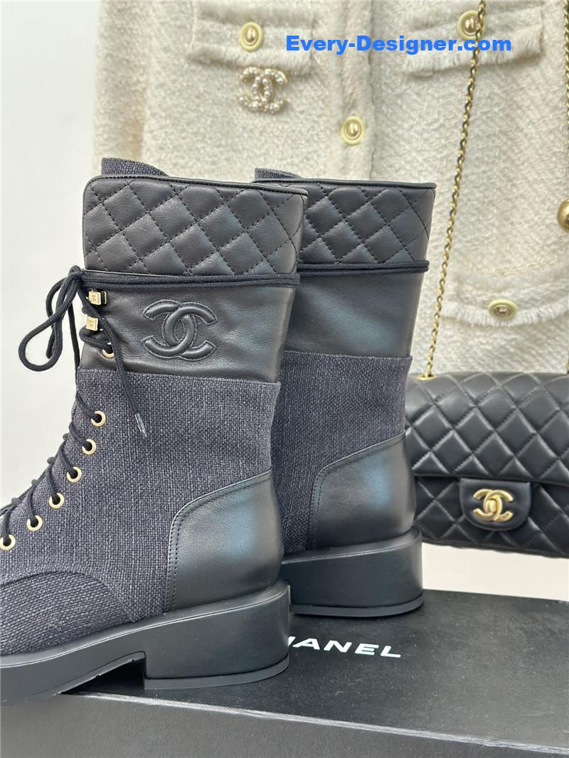 Ch**el denim patent lambskin quilted lace-up boots