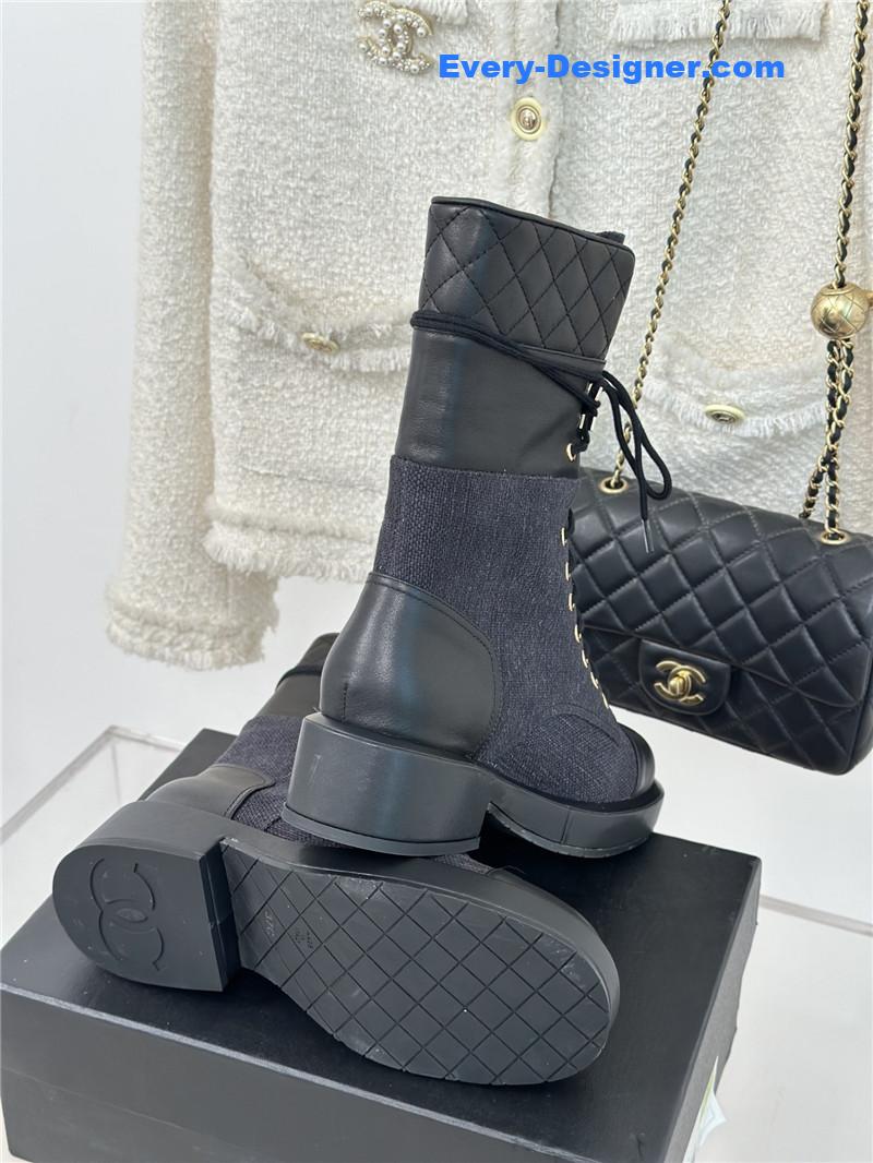 Ch**el denim patent lambskin quilted lace-up boots