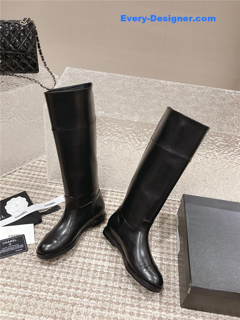 Ch**el flat calfskin zip knee high boots