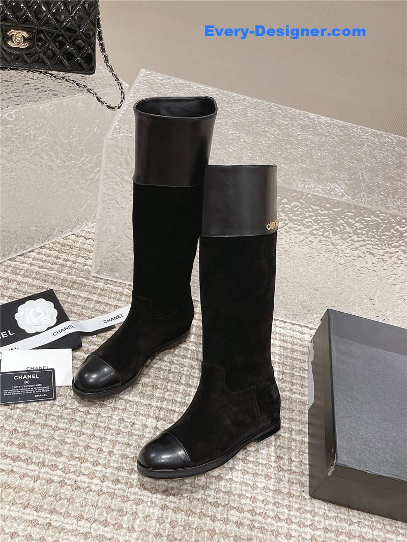 Chanel Flat Suede Leather Zip Knee High Boots