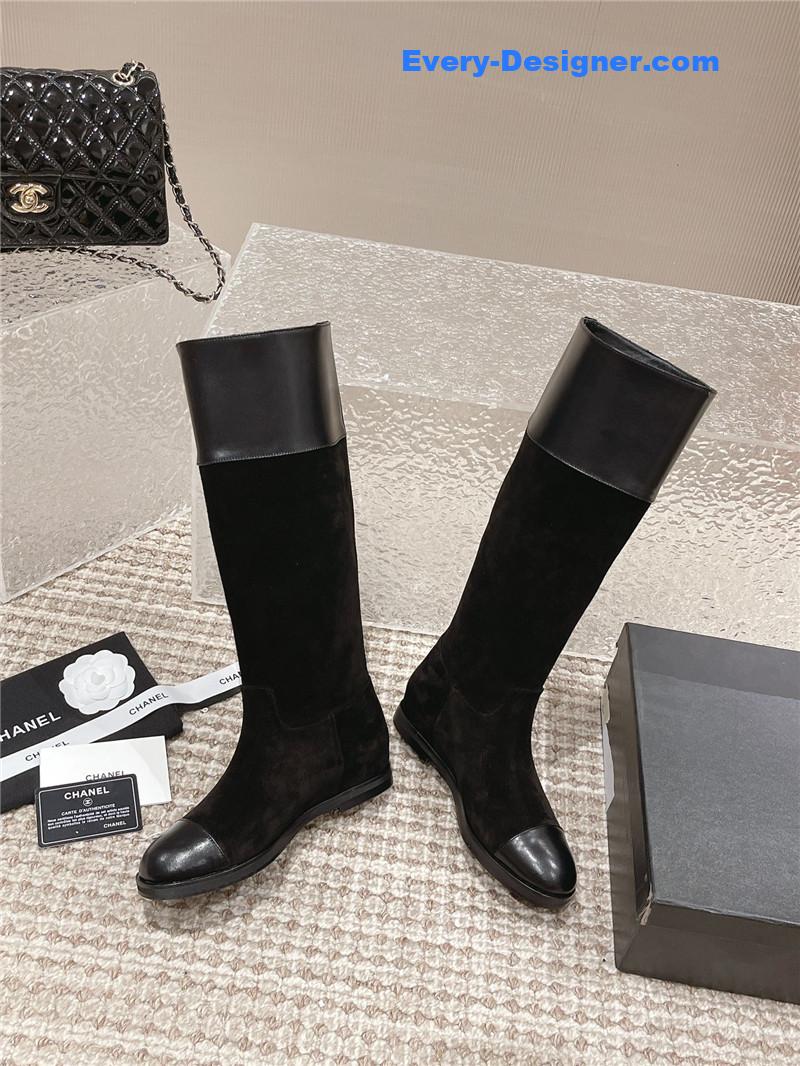 Chanel Flat Suede Leather Zip Knee High Boots