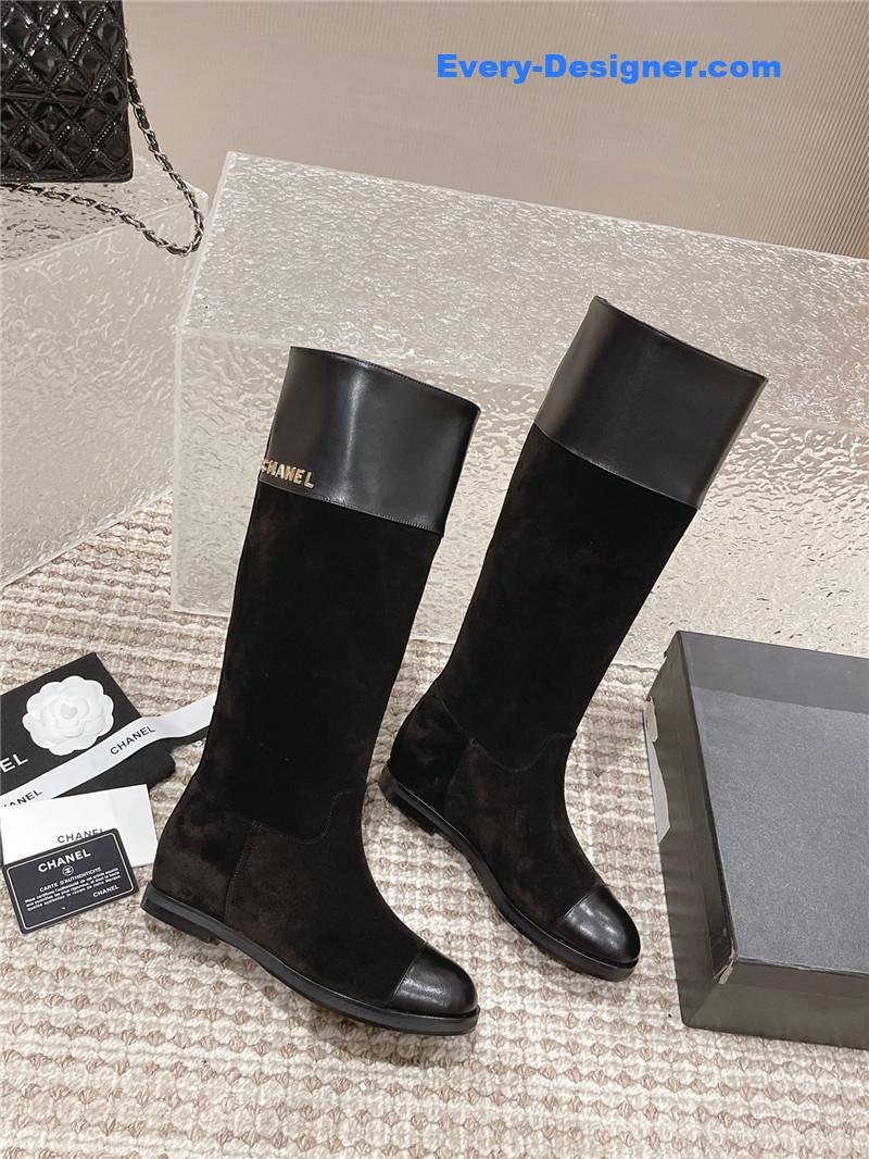 Chanel Flat Suede Leather Zip Knee High Boots
