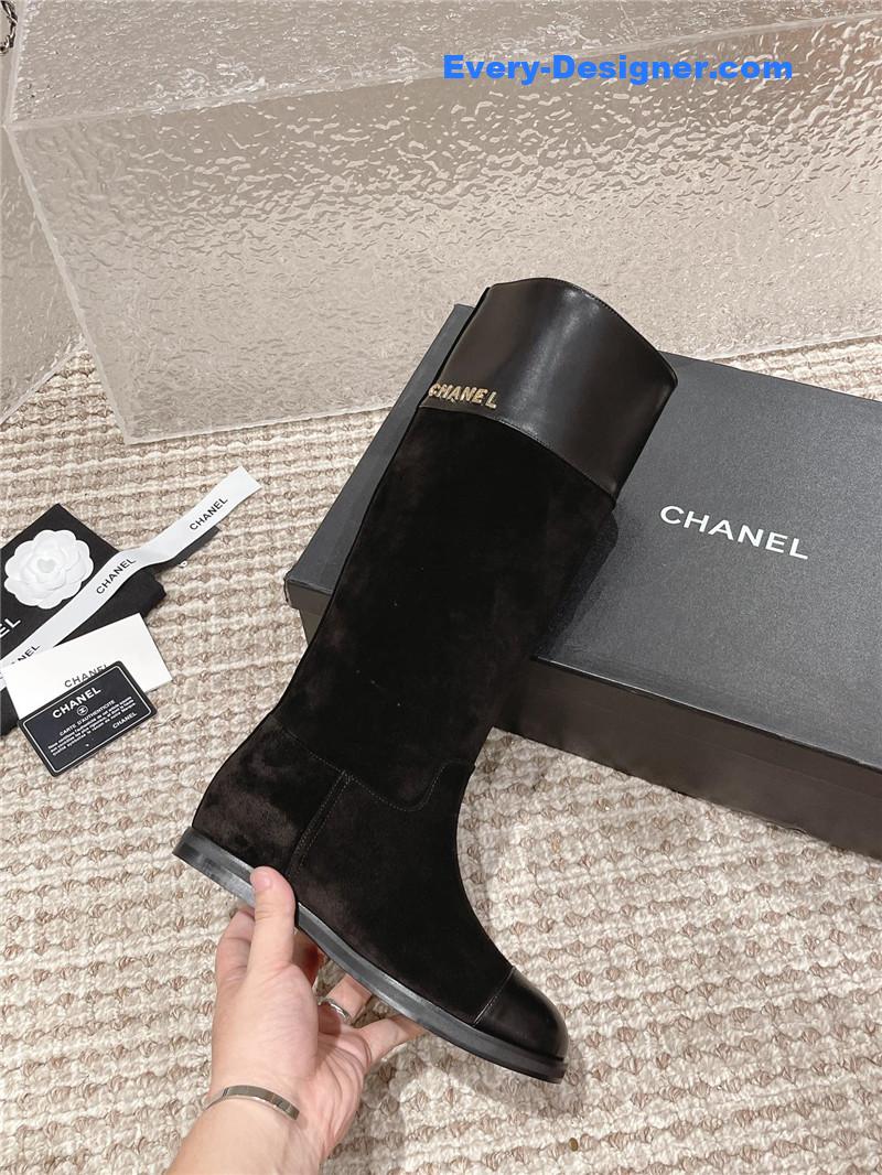 Chanel Flat Suede Leather Zip Knee High Boots