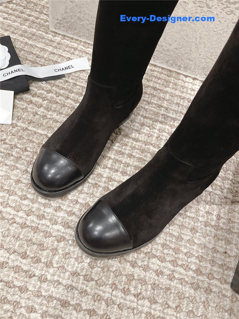 Chanel Flat Suede Leather Zip Knee High Boots