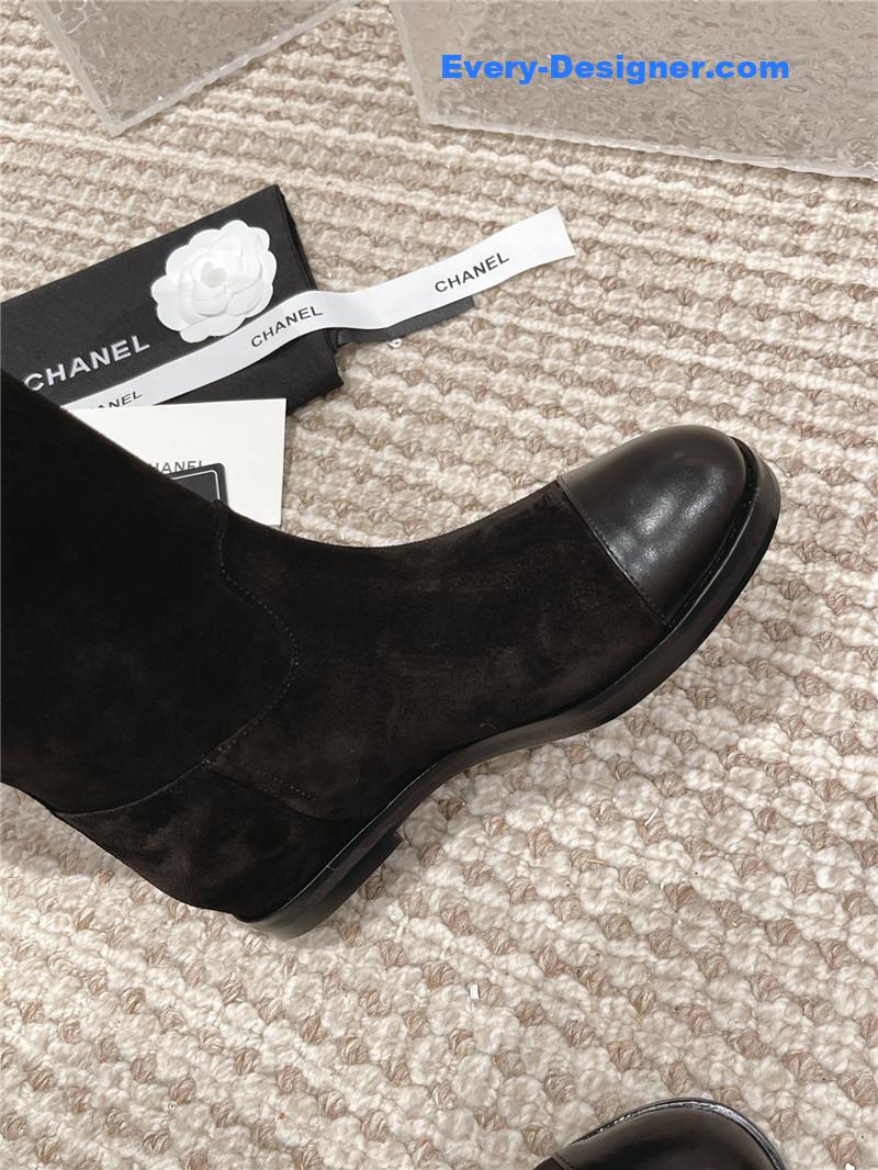 Chanel Flat Suede Leather Zip Knee High Boots