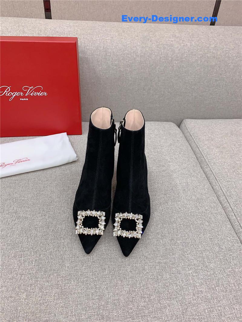Roger Vivier Black Suede Crystal Buckle Ankle Boots