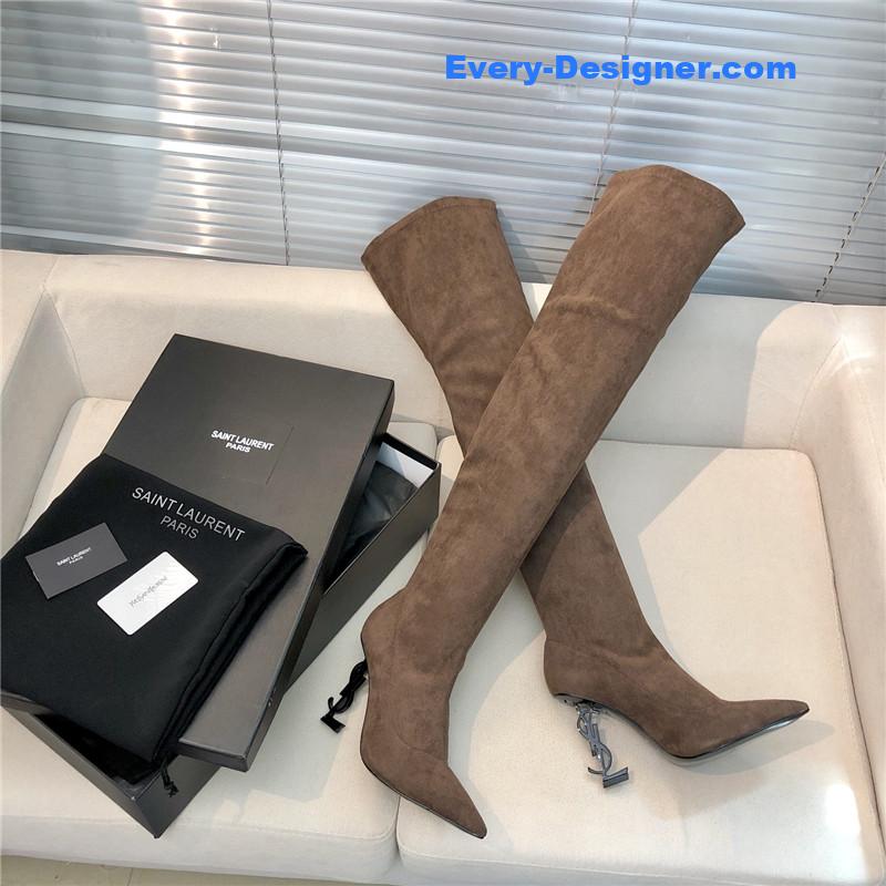 YSL letter heel pointed toe high heel boots