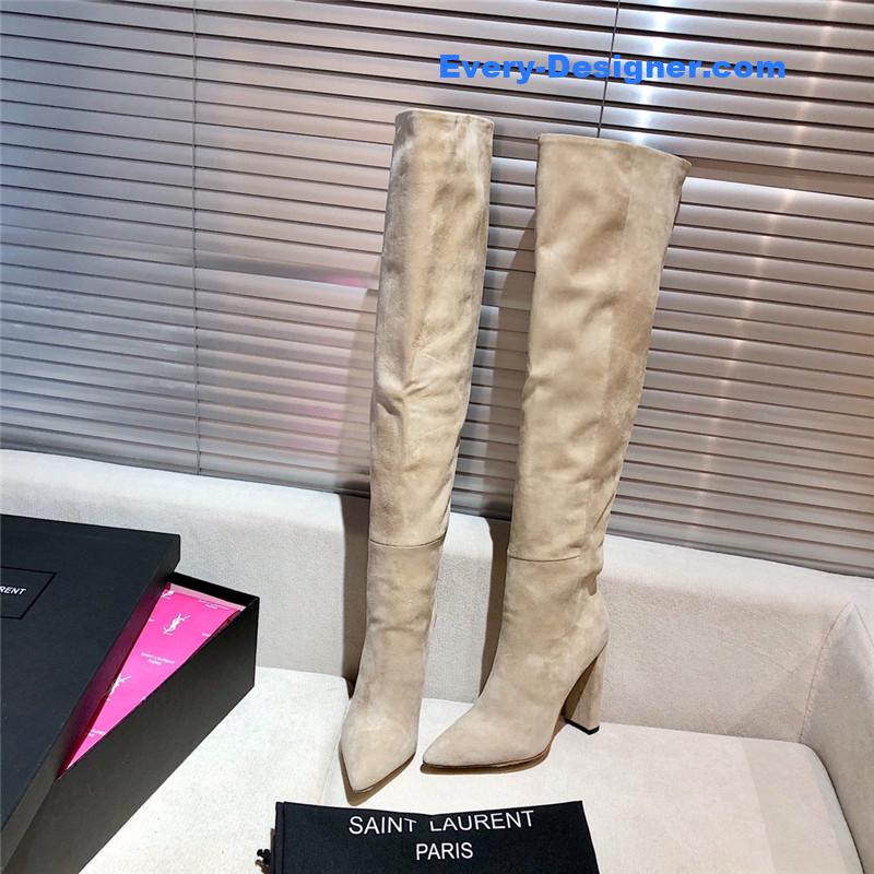 Sa1nt Lau*nt women’s beige suede over-the-knee boots