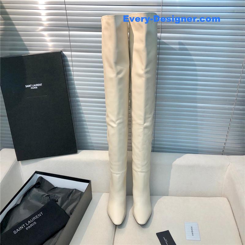 Sa1nt Lau*nt white leather over-the-knee boots