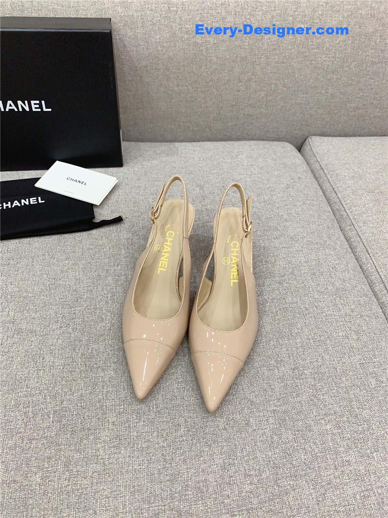 Ch**el classic sling back thick heel sandals