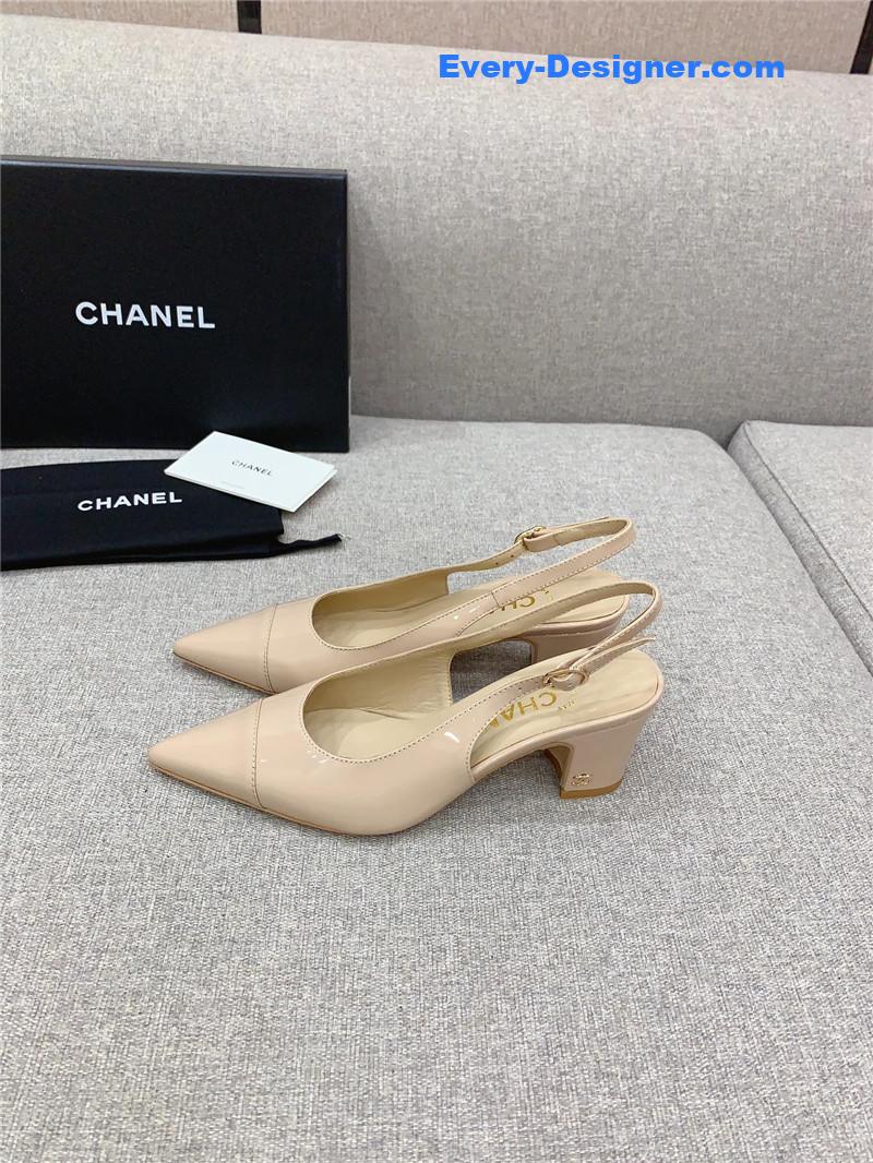 Ch**el classic sling back thick heel sandals