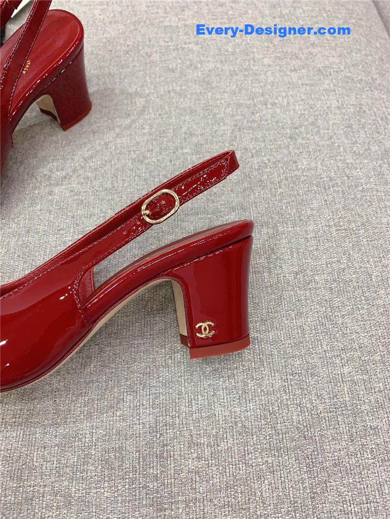 Ch**el classic sling back thick heel sandals