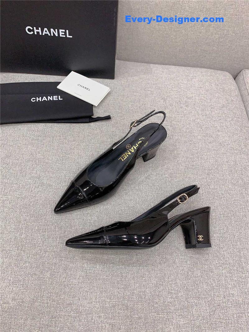 Ch**el classic sling back thick heel sandals