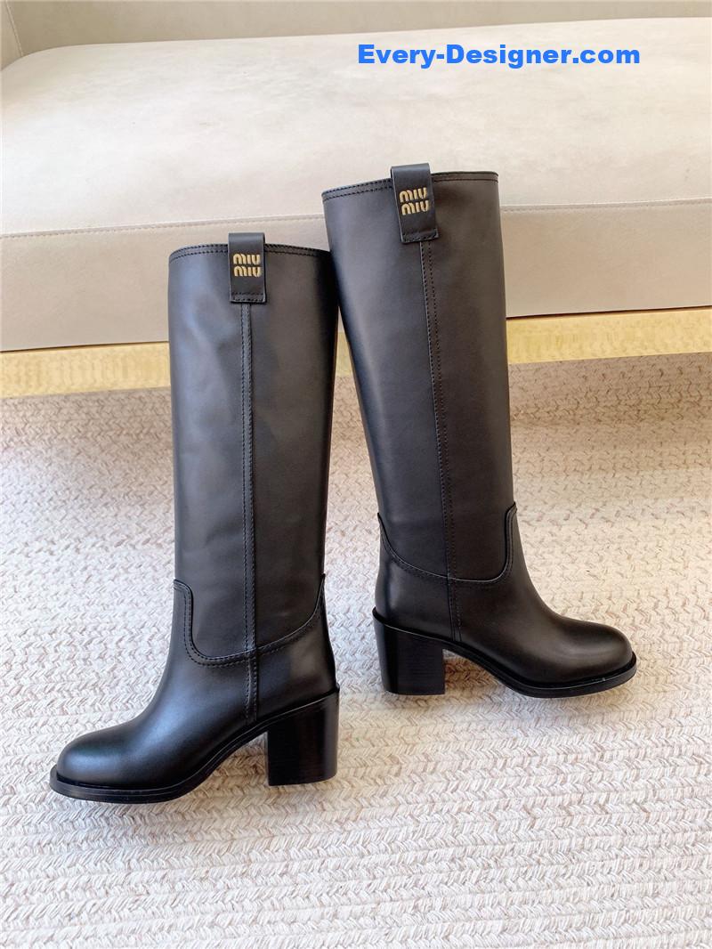 Miu Miu Logo-Tab Black Leather Knee-High Boots