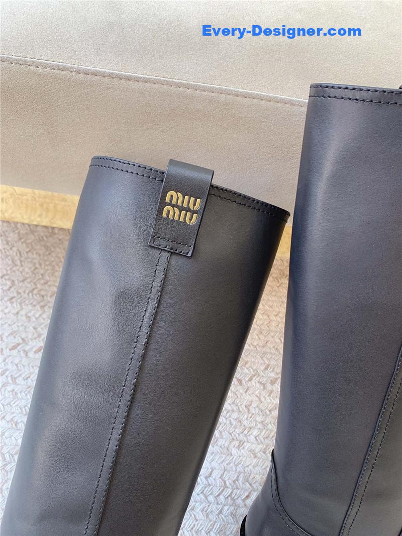 Miu Miu Logo-Tab Black Leather Knee-High Boots