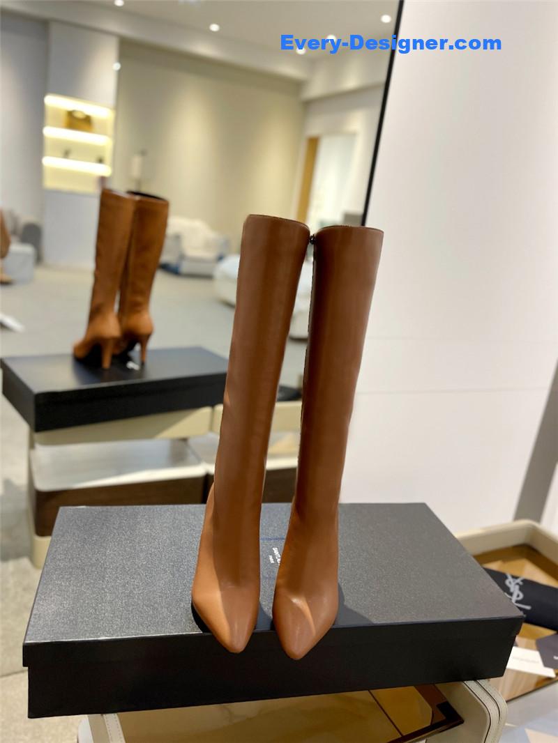 Sa1nt Lau*nt brown leather knee-high boots