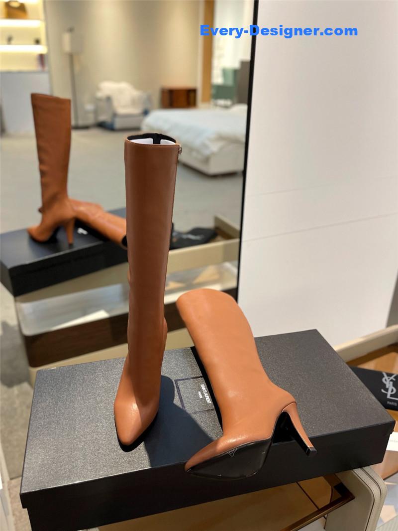 Sa1nt Lau*nt brown leather knee-high boots