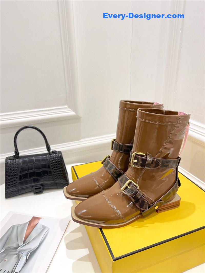 F**di brown patent leather biker boots