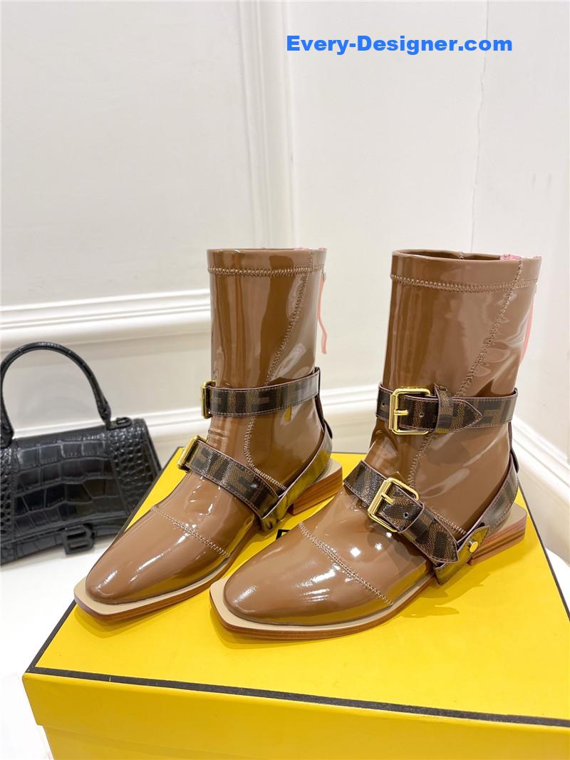 Fendi Brown Patent Leather Biker Boots