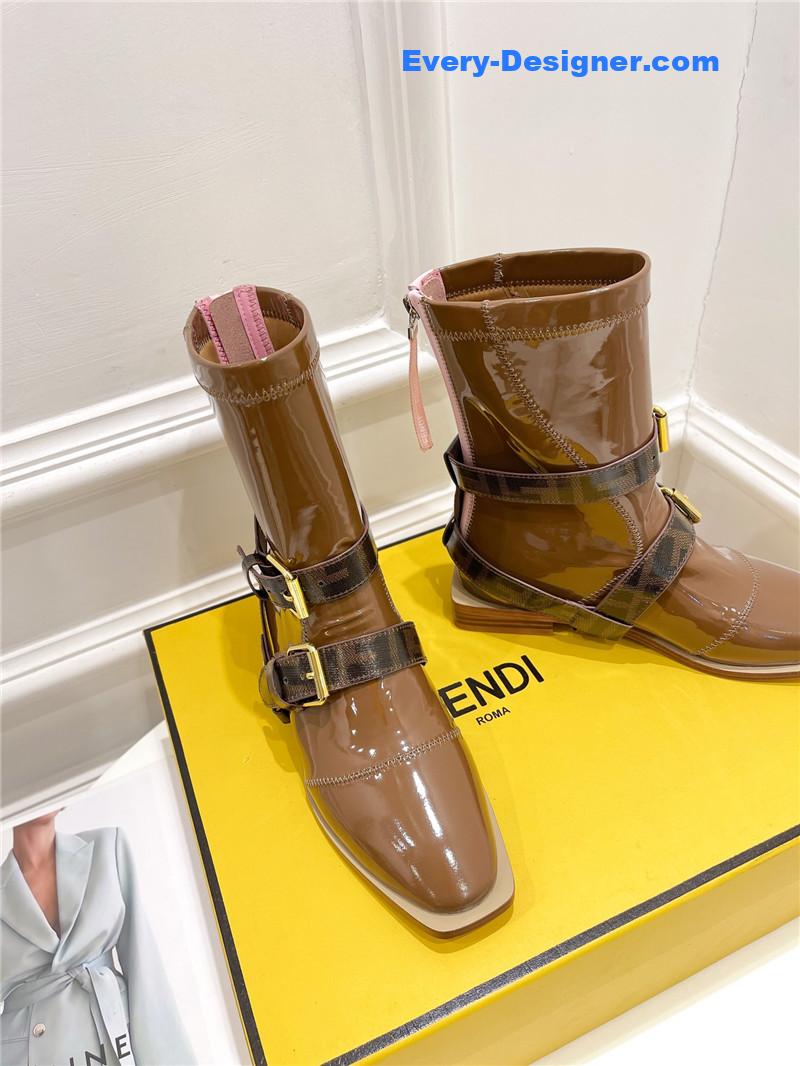 F**di brown patent leather biker boots