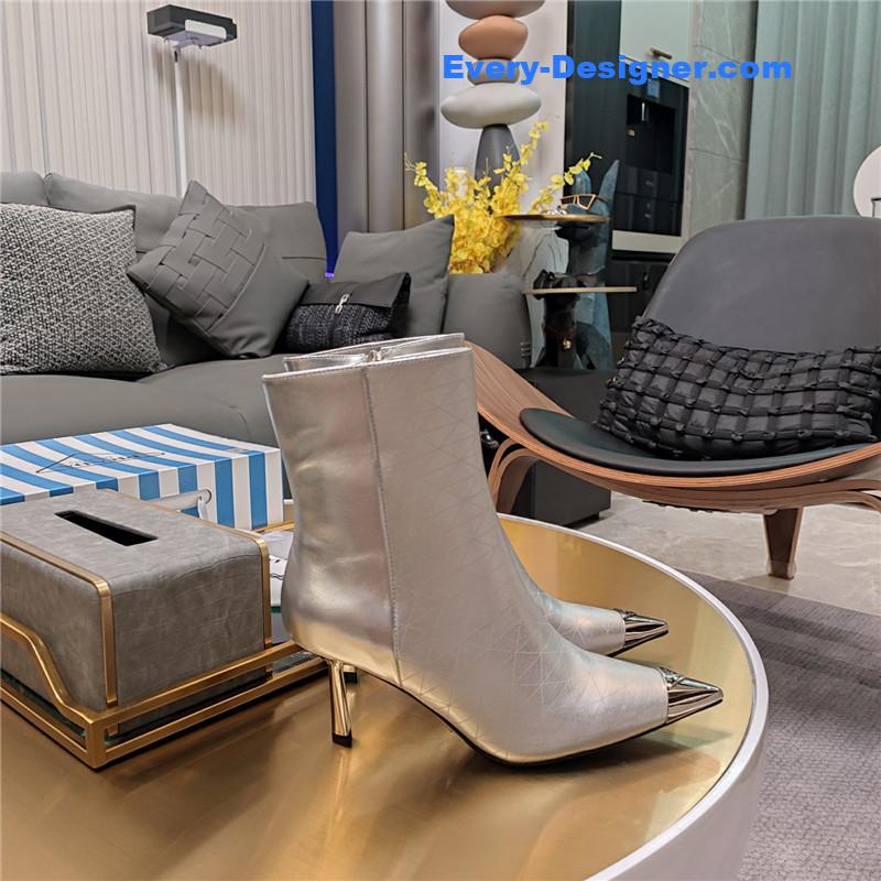 Prada Silver Pointed Patent Leather Heel Ankle Boots