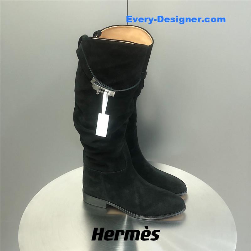 Hermes Black Suede Knee-Length Boots