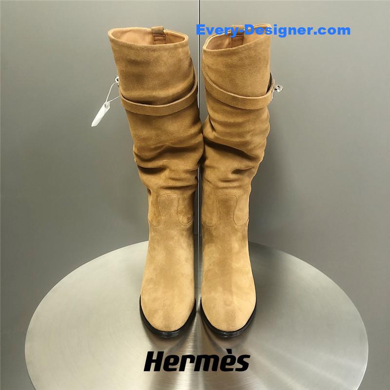 Hermes Beige Suede Knee-Length Boots