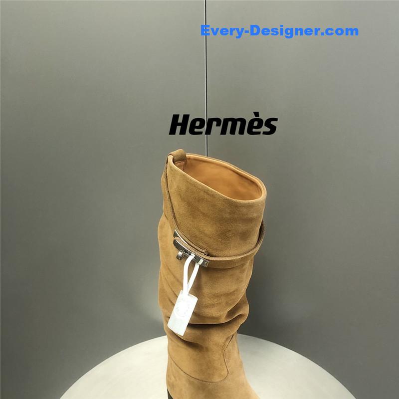Hermes Beige Suede Knee-Length Boots