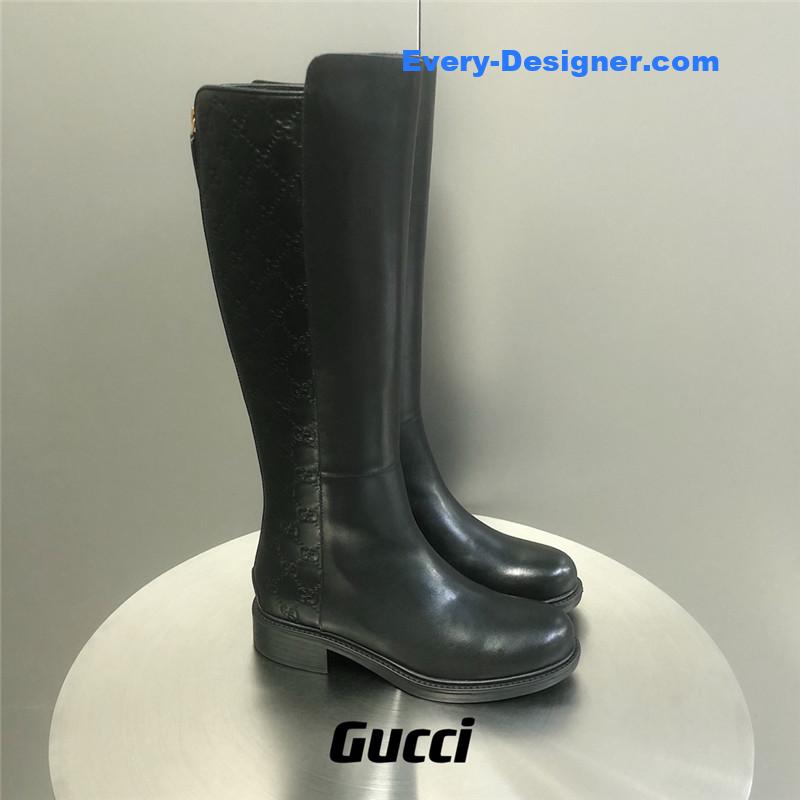 Gucci Black Guccissima Leather GG Tall Riding Boots
