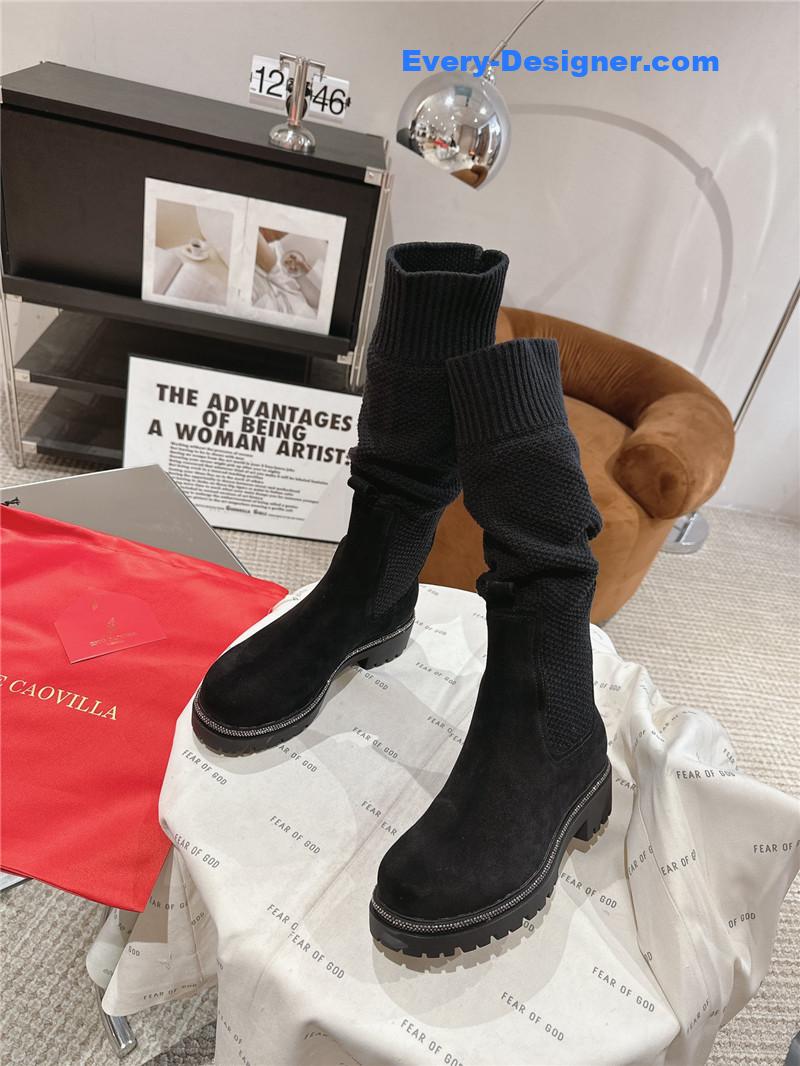 Rene Caovilla Black Knit Leather Knee-High Boots