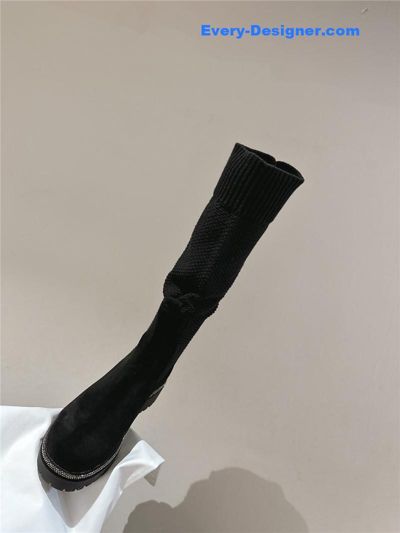 Rene Caovilla Black Knit Leather Knee-High Boots