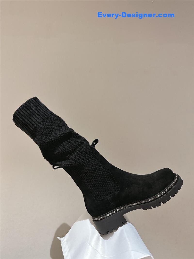 Rene Caovilla Black Knit Leather Knee-High Boots