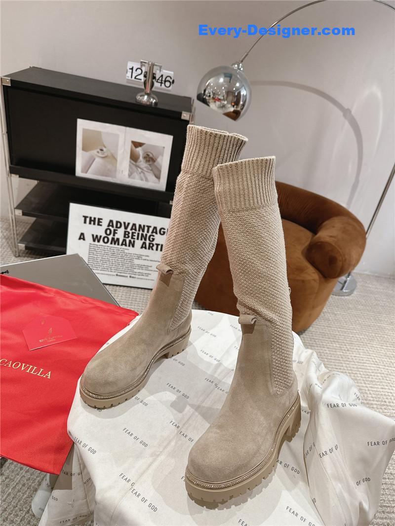 Rene Caovilla Knit Leather Knee-High Boots Women