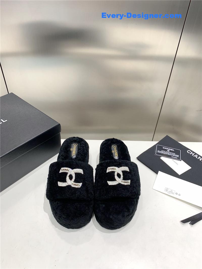 Ch**el double c rhinestone thick sole fur slippers