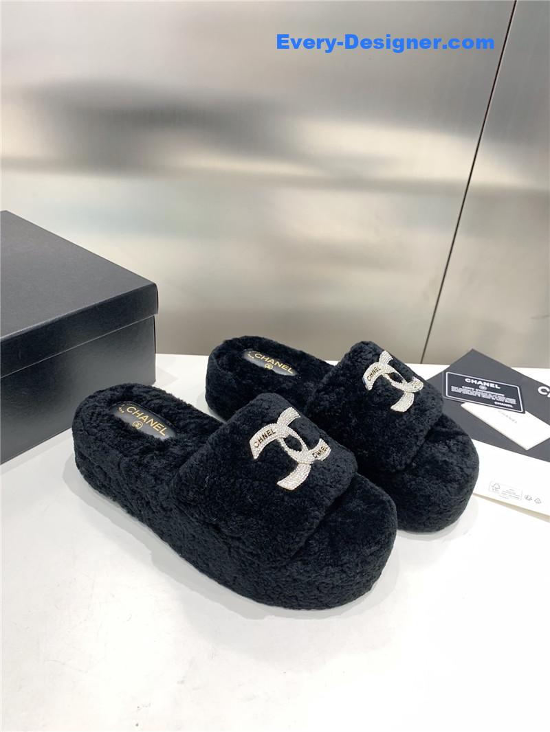 Chanel double c rhinestone thick sole fur slippers