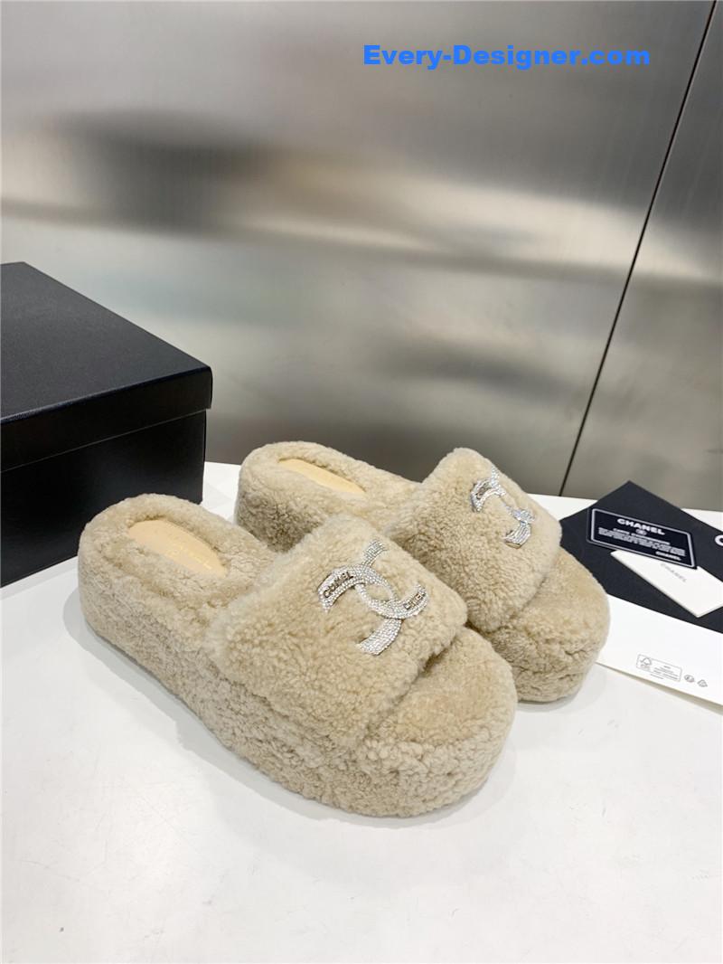 Chanel double c rhinestone thick sole fur slippers