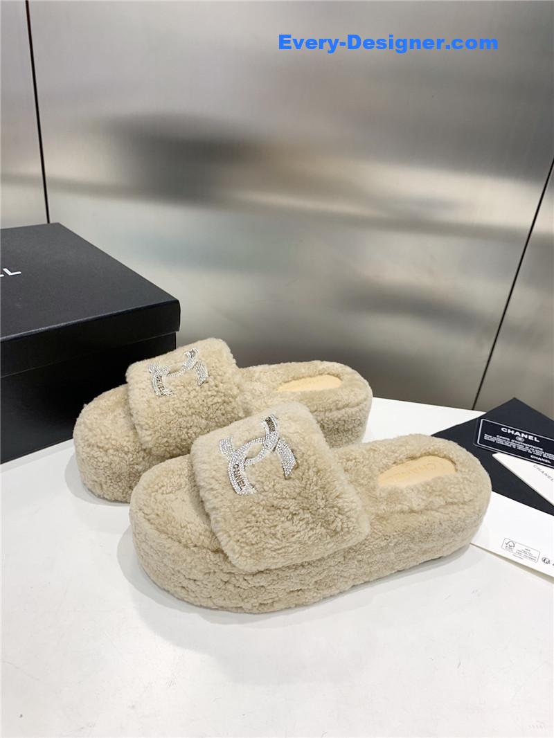 Chanel double c rhinestone thick sole fur slippers