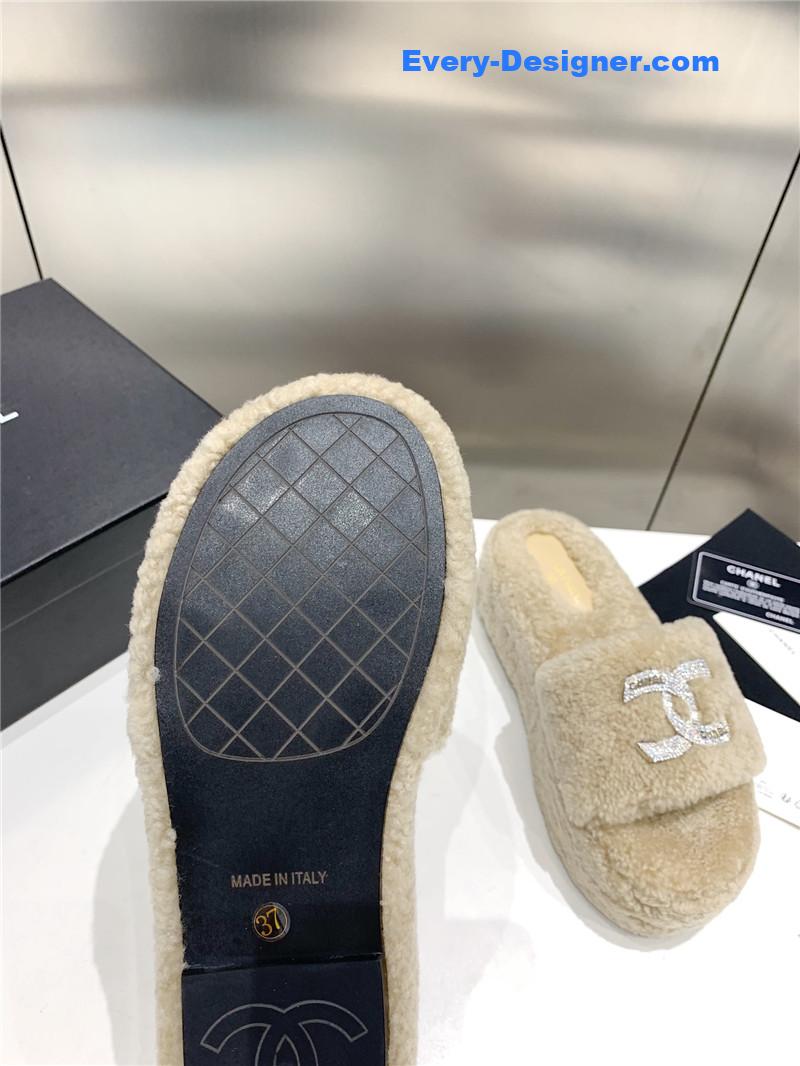 Chanel double c rhinestone thick sole fur slippers