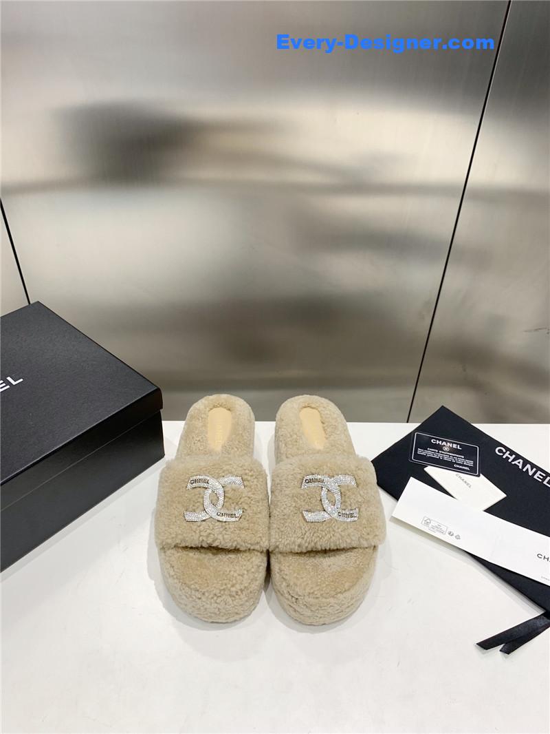 Chanel double c rhinestone thick sole fur slippers