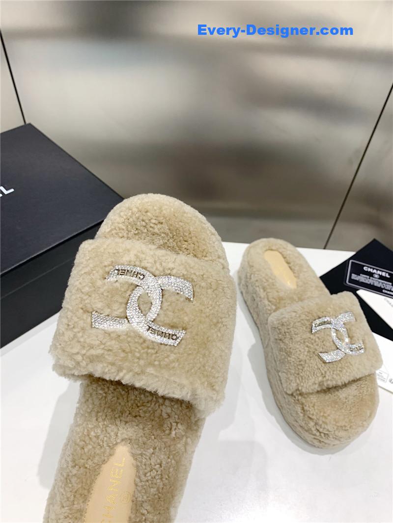 Chanel double c rhinestone thick sole fur slippers